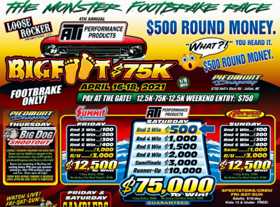 FREE LIVE RACING – Footbrake Racers Are Getting It On! The Bigfoot $75,000 Footbrake Only Race Starts Today!